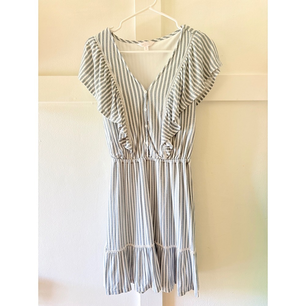 LC Lauren Conrad Blue White Striped Ruffle Mini Dress Small Sleeveless V-Neck